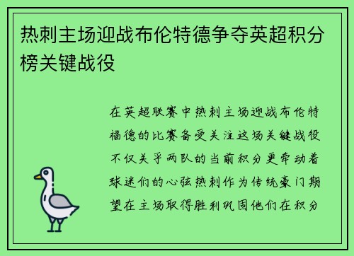 热刺主场迎战布伦特德争夺英超积分榜关键战役